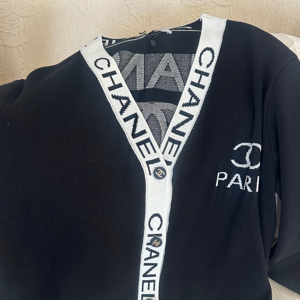 DUP   Paris Black and White Logo Cardigan